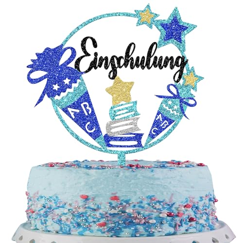 1 Stück Endlich Schulkind Tortendeko Hurra Schulkind Kuchen Deko Kleiner Stern Zuckertüte ABC Cake Topper für Junge Mädchen Schule BeginnenThema Kuchen Dekorationen Blau von SYKYCTCY