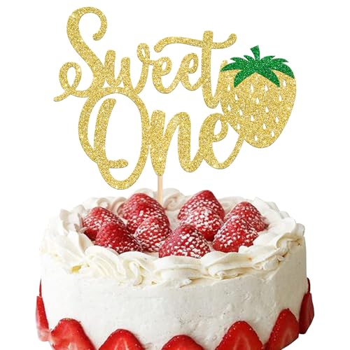 1 Stück Erdbeere Sweet One Geburtstag Tortendeko, Glitzer Strawberry Kuchen Deko Sommer Früchte Cake Topper für Baby Dusche 1. Geburtstag Party Gold von SYKYCTCY