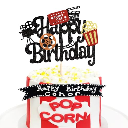 1 Stück Film-Thema Tortendeko Geburtstag Movie Theme Happy Birthday Cake Topper Movie Night Kuchen Dekorationen F für Kamera Popcorn Theater Film Thema Hollywood Film Party Kuchen Dekorationen Zubehör von SYKYCTCY