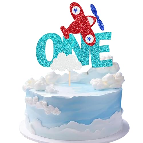 1 Stück Flugzeug One Cake Topper Glitzer Flugzeug Zeichen Tortendeko Wie Zeit-Dateien Kuchen Deko für Flugzeuge Thema Kinder Erste Geburtstag Party Kuchen Dekoration Blau Rot von SYKYCTCY