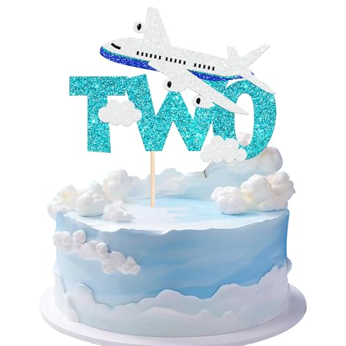1 Stück Flugzeug Two Cake Topper Glitzer Flugzeug Zeichen Tortendeko Wie Zeit-Dateien Kuchen Deko für Flugzeuge Thema Kinder Zweiter Geburtstag Party Kuchen Dekoration Blau Weiß von SYKYCTCY
