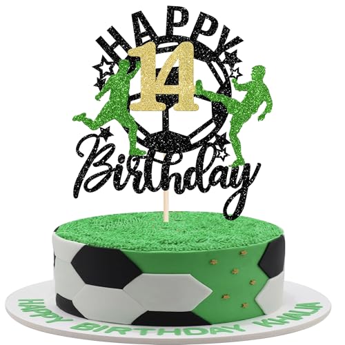 1 Stück Fußball Happy 14th Birthday Cake Topper Alles Gute zum Geburtstag Tortendeko Sport Fußball Kuchen Deko für Soccer Thema Kinder 14 Jahre alt Geburtstag Party Kuchen Dekorationen von SYKYCTCY