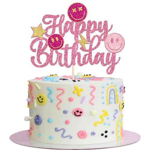 1 Stück Gesicht Lächeln Tortendeko Happy Birthday Smile Face Cake Topper Glitzer Emoji Schneiden Kuchen Deko für Baby Dusche Mädchen Geburtstag Party Kuchen Dekoration Rosa von SYKYCTCY