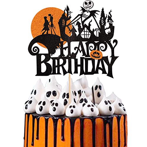 1 Stück Halloween Happy Birthday Cake Topper Glitter Halloween Zauberer Gespenst Kürbis Tortenaufleger Dekoration für Gespenst Zauberer Hexe Thema Kuchendekoration Geburtstag Party Schwarz Orange von SYKYCTCY