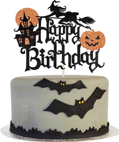 1 Stück Halloween Happy Birthday Tortendeko Glitzer Halloween Hexenbein Spukhaus Kürbis Kuchen Deko für Halloween Thematische Kuchendekoration Geburtstag Party Schwarz Orange von SYKYCTCY