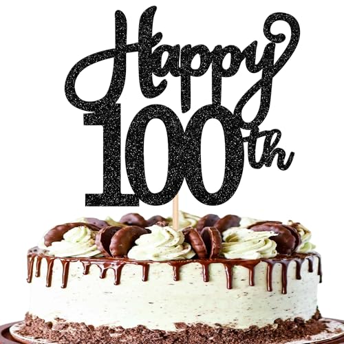 1 Stück Happy 100th Geburtstag Kuchen Deko Glitzer Happy 100th Cake Toper Prost auf 100 Jahre alt Cake Topper für 100th Jahrestag Geburtstag Party Kuchen Dekorationen Schwarz von SYKYCTCY
