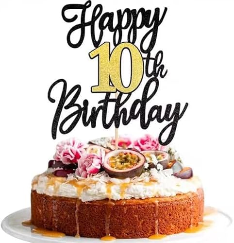 1 Stück Happy 10th Birthday Cake Topper Glitzer Schwarz Gold Prost auf 10 Jahre Tortendeko 10 Fabelhaft Kuchen Deko für Happy 10th Geburtstag Jahrestag Party Kuchen Dekoration von SYKYCTCY