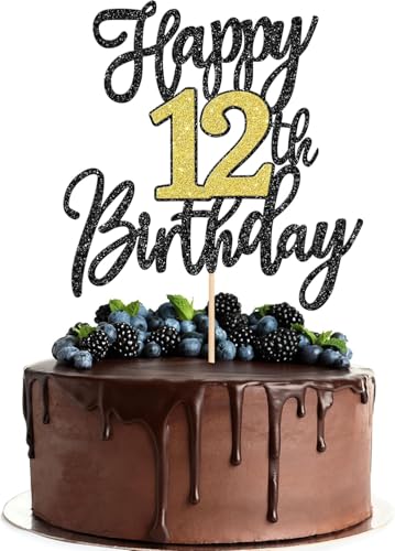 1 Stück Happy 12th Birthday Cake Topper Glitzer Schwarz Gold Prost auf 12 Jahre Tortendeko 12 Fabelhaft Kuchen Deko für Happy 12th Geburtstag Jahrestag Party Kuchen Dekoration 1 Stück Happy 12th Birthday Cake Topper Glitzer Schwarz Gold Prost auf 12 Jahre Tortendeko 12 Fabelhaft Kuchen Deko für Happy 12th Geburtstag Jahrestag Party Kuchen Dekoration von SYKYCTCY