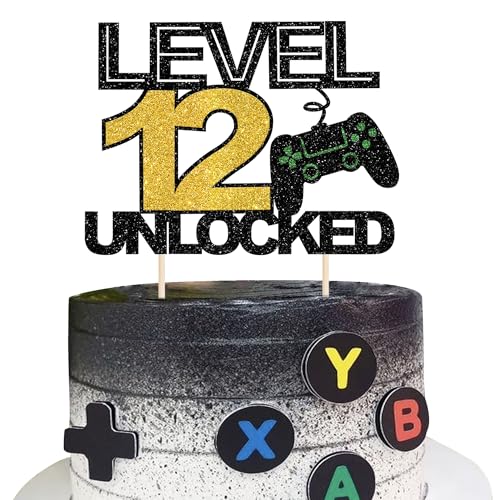 1 Stück Happy 12th Videospiel Tortendeko Glitzer Gaming Level 12th Geburtstag Kuchen Deko Spielkonsolen Happy 12th Cake Topper für Spielkonsole Theme Jungen Mädchen Geburtstag Party Kuchendeko von SYKYCTCY