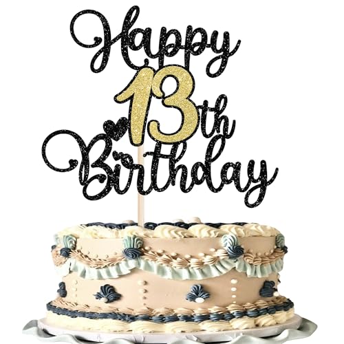 1 Stück Happy 13th Birthday Cake Topper Glitzer Prost auf 13 Jahre Kuchen Deko Nummer 13 Fabelhaft Tortendeko für Happy 13th Geburtstag Jahrestag Party Dekorationen Schwarz Gold von SYKYCTCY