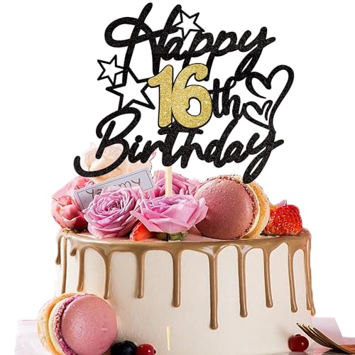 1 Stück Happy 16th Birthday Tortendeko Glitzer Prost auf 16 Jahre Geburtstag Kuchen Deko Sweet 16 Cake Topper für Happy 16th Birthday Theme Party Kuchen Dekoendeko Schwarz Gold von SYKYCTCY