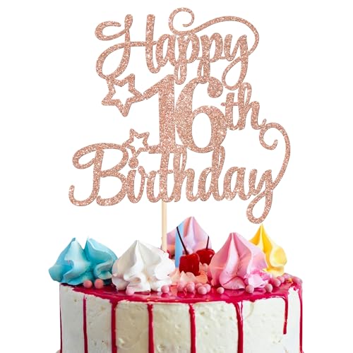 1 Stück Happy 16th Birthday Tortendeko Teenager 16th Fabelhaftes Prost auf 16 Jahre Kuchen Deko mit Glitzer Stern für 16. Geburtstag Jahrestag Party Torte Dekoration Rosegold von SYKYCTCY