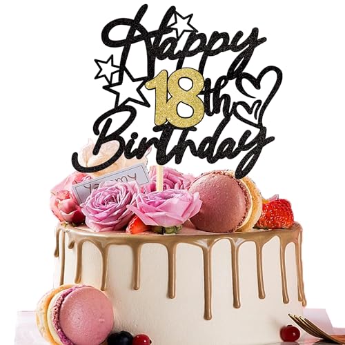 1 Stück Happy 18th Birthday Tortendeko Glitzer Prost auf 18 Jahre Geburtstag Kuchen Deko Sweet 18 Cake Topper für Happy 18th Birthday Theme Party Kuchen Dekoendeko Schwarz Gold von SYKYCTCY