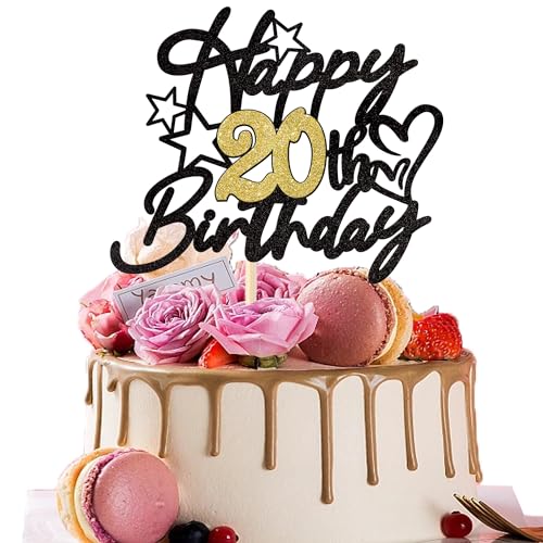 1 Stück Happy 20th Birthday Tortendeko Glitzer Prost auf 20 Jahre Geburtstag Kuchen Deko Sweet 20 Cake Topper für Happy 20th Birthday Theme Party Kuchen Dekoendeko Schwarz von SYKYCTCY