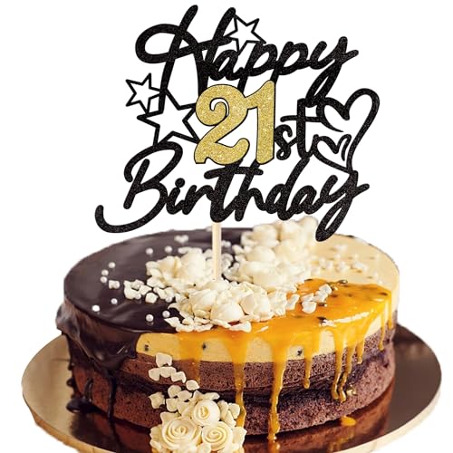 1 Stück Happy 21st Birthday Tortendeko Glitzer Prost auf 21 Jahre Geburtstag Kuchen Deko Sweet 21 Cake Topper für Happy 21 Birthday Theme Party Kuchen Dekoendeko Schwarz Gold von SYKYCTCY