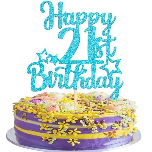 1 Stück Happy 21st Geburtstag Tortendeko Glitzer Kleiner Stern 21 Fabulous Kuchen Deko Geburtstag Schilder Kuchen Dekorationen für 21st Geburtstag Thema Party Kuchen Dekoration Hellblau von SYKYCTCY