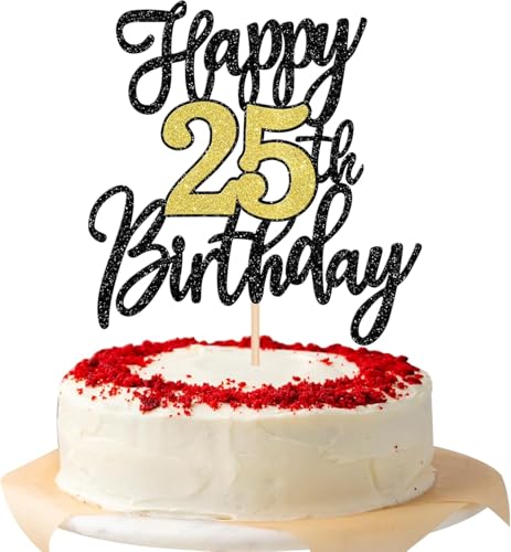 1 Stück Happy 25th Birthday Cake Topper Glitzer Schwarz Gold Prost auf 25 Jahre Kuchen Deko Nummer 25 Fabelhaft Tortendeko für Happy 25th Geburtstag Jahrestag Party Dekorationen von SYKYCTCY