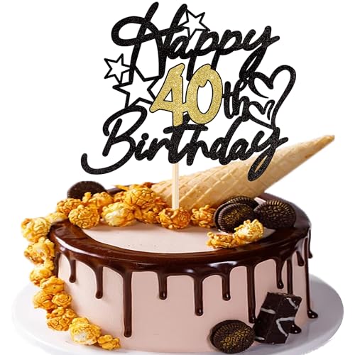 1 Stück Happy 40th Birthday Tortendeko Glitzer Prost auf 40 Jahre Geburtstag Kuchen Deko 40 Fabulous Cake Topper für Happy 40th Birthday Theme Party Kuchen Dekoendeko Schwarz Gold von SYKYCTCY