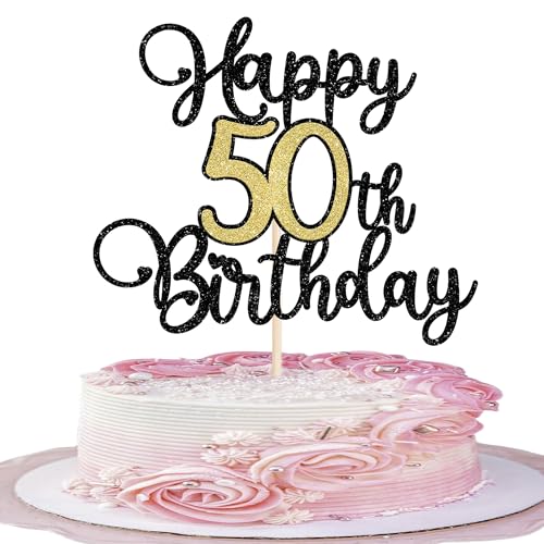 1 Stück Happy 50th Birthday Cake Topper Glitzer Prost auf 50 Jahre Tortendeko 50 Fabelhaft Kuchen Deko für Happy 50th Geburtstag Jahrestag Party Kuchen Dekoration Schwarz Gold von SYKYCTCY