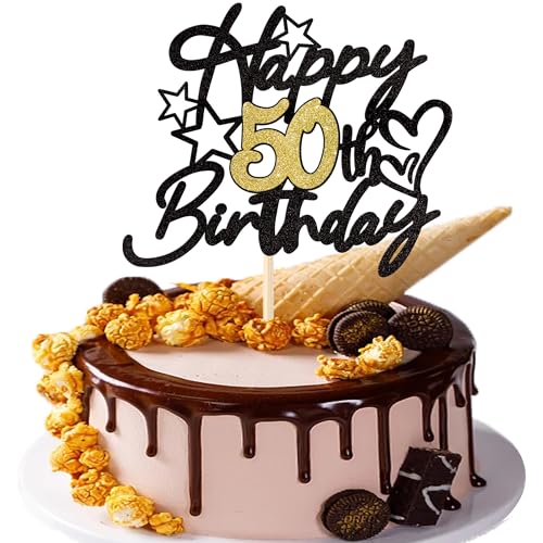 1 Stück Happy 50th Birthday Tortendeko Glitzer Prost auf 50 Jahre Geburtstag Kuchen Deko 50 Fabulous Cake Topper für Happy 50th Birthday Theme Party Kuchen Dekoendeko Schwarz Gold von SYKYCTCY