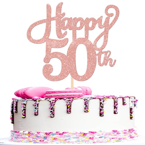 1 Stück Happy 50th Cake Topper Glitzer Happy 50th Geburtstag Tortendeko Prost auf 50 Jahre alt Cake Topper für 50th Jahrestag Geburtstag Party Kuchen Dekorationen Rosegold von SYKYCTCY
