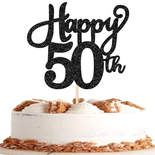 1 Stück Happy 50th Cake Topper Glitzer Happy 50th Geburtstag Tortendeko Prost auf 50 Jahre alt Cake Topper für 50th Jahrestag Geburtstag Party Kuchen Dekorationen Schwarz von SYKYCTCY