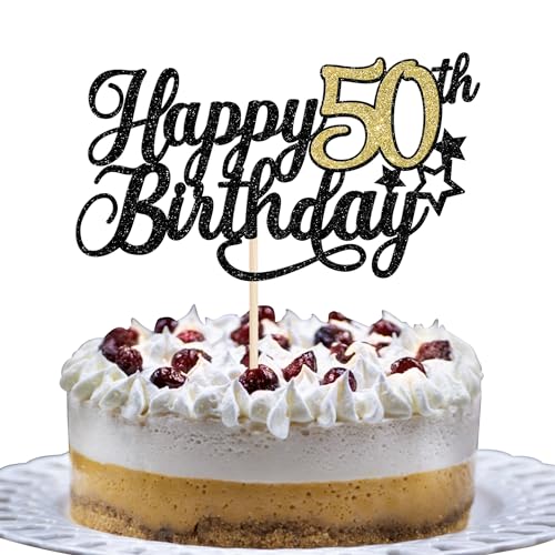 1 Stück Happy 50th Geburtstag Tortendeko mit Glitzer Stern Cheers to 50 Kuchen Deko 50 Fabulous Kuchen Dekorationen für 50th Geburtstag Jahrestag Thema Party Kuchen Dekorationen Schwarz Gold von SYKYCTCY