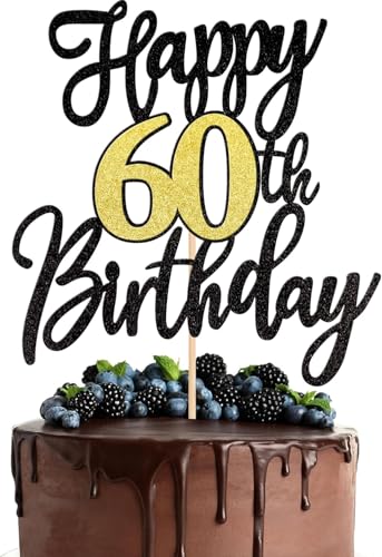 1 Stück Happy 60th Birthday Cake Topper Glitzer Schwarz Gold Prost auf 60 Jahre Tortendeko 60 Fabelhaft Kuchen Deko für Happy 60th Geburtstag Jahrestag Party Kuchen Dekoration von SYKYCTCY