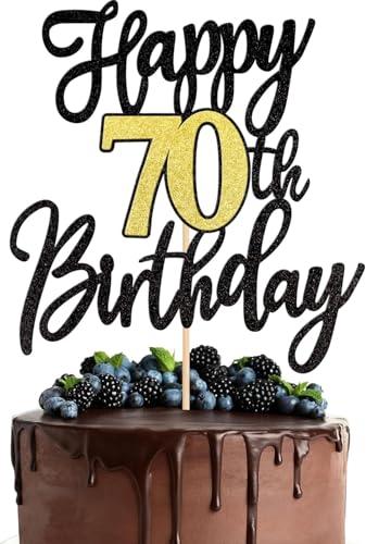 1 Stück Happy 70th Birthday Cake Topper Glitzer Schwarz Gold Prost auf 70 Jahre Tortendeko 70 Fabelhaft Kuchen Deko für Happy 70th Geburtstag Jahrestag Party Kuchen Dekoration von SYKYCTCY
