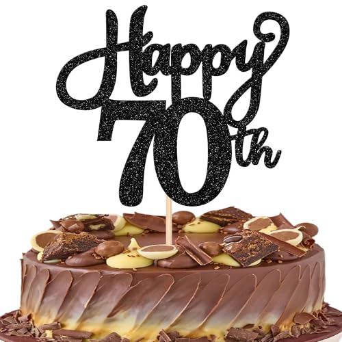 1 Stück Happy 70th Cake Topper Glitzer Happy 70th Geburtstag Tortendeko Prost auf 70 Jahre alt Cake Topper für 70th Jahrestag Geburtstag Party Kuchen Dekorationen Schwarz von SYKYCTCY
