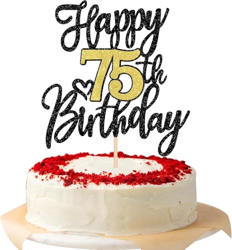 1 Stück Happy 75th Birthday Cake Topper Glitzer Schwarz Gold Prost auf 75 Jahre Kuchen Deko Nummer 75 Fabelhaft Tortendeko für Happy 75th Geburtstag Jahrestag Party Dekorationen von SYKYCTCY