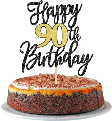 1 Stück Happy 90th Birthday Cake Topper Glitzer Schwarz Gold Prost auf 90 Jahre Tortendeko 90 Fabelhaft Kuchen Deko für Happy 90th Geburtstag Jahrestag Party Kuchen Dekoration von SYKYCTCY