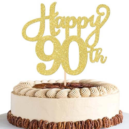 1 Stück Happy 90th Geburtstag Kuchen Deko Glitzer Happy 90th Cake Toper Prost auf 90 Jahre alt Cake Topper für 90th Jahrestag Geburtstag Party Kuchen Dekorationen Gold von SYKYCTCY