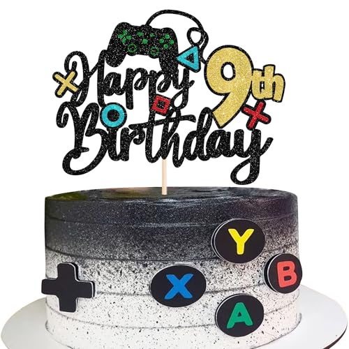 1 Stück Happy 9th Birthday Tortendeko Glitzer Videospiel Kuchen Deko Spiel auf Controller Prost auf 9 Jahre Cake Topper für Gaming Thema Jungen Mädchen 9th Geburtstag Party Kuchen Dekorationen von SYKYCTCY