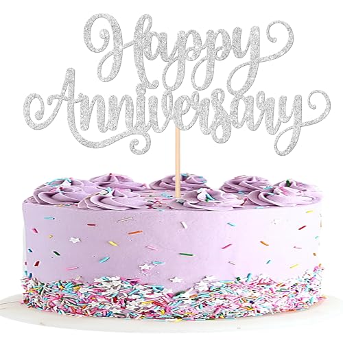 1 Stück Happy Anniversary Cake Topper Glitzer Hochzeit Jahrestag Tortendeko Alles Gute zum Jahrestag Kuchen Deko für Hochzeit Jahrestag Geburtstag Party Kuchen Dekoration Silber von SYKYCTCY
