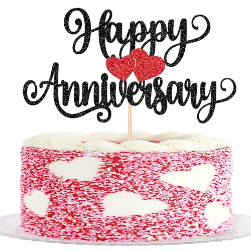 1 Stück Happy Anniversary Tortendeko Glitzer Hochzeit Jahrestag Kuchen Deko Alles Gute zum Jahrestag Cake Topper für Hochzeit Jahrestag Geburtstag Party Kuchen Dekoration Schwarz Rot von SYKYCTCY