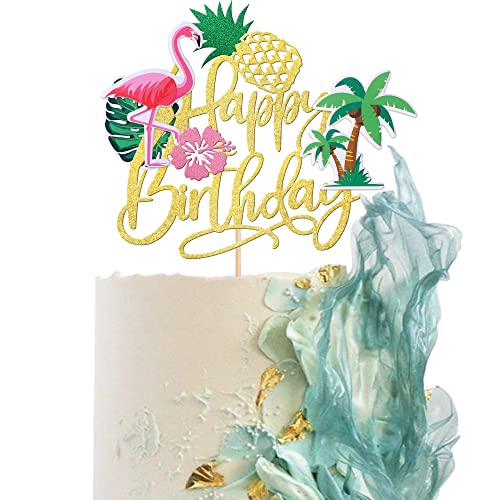 1 Stück Happy Birthday Cake Topper Tropical Luau Geburtstag Tortendeko Glitter Flamingo Blume Plam Leave Ananas Kuchendekoration für Sommer Baby Dusche Geburtstag Party Zubehör von SYKYCTCY