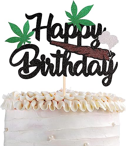 1 Stück Happy Birthday Tortendeko Glitzer 420 Geburtstag Thema Cake Topper Topf Unkraut Blätter Topf Unkraut Blätter Kuchen Deko für Männer Frauen 420 Happy Birthday Party Tortendekorationen von SYKYCTCY