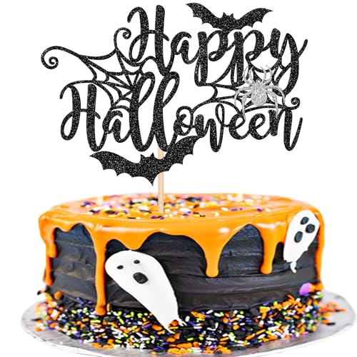 1 Stück Happy Halloween Tortendeko Glitzer Fledermaus Spinnen Kuchen Deko für Halloween Thema Party Geburtstag Party Kuchendekoration Schwarz 1 Stück Happy Halloween Tortendeko Glitzer Fledermaus Spinnen Kuchen Deko für Halloween Thema Party Geburtstag Party Kuchendekoration Schwarz von SYKYCTCY