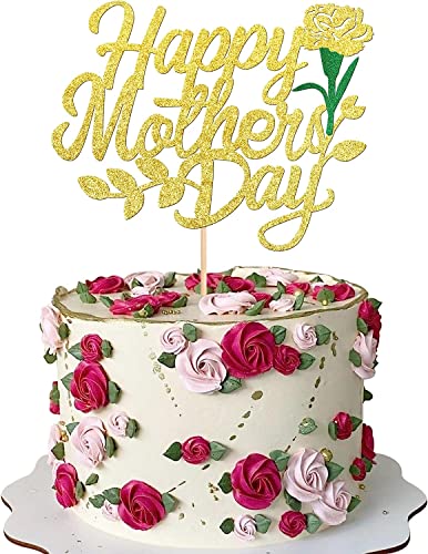 1 Stück Happy Mother's Day Tortendeko Glitzer Herz Liebe dich Mama Cake Topper Kuchen Deko für Mother's Day Party Rose Flower Mom Cake Decoration Gold von SYKYCTCY
