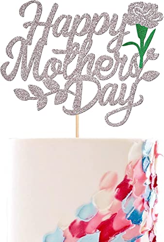 1 Stück Happy Mother's Day Tortendeko Glitzer Herz Liebe dich Mama Cake Topper Kuchen Deko für Mother's Day Party Rose Flower Mom Cake Decoration Silber von SYKYCTCY
