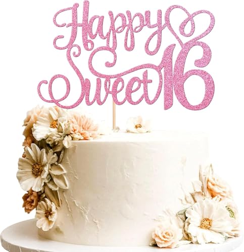 1 Stück Happy Sweet 16 Tortendeko Glitzer Teenager 16th Kuchen Deko Prost auf 16 Geburtstag Cake Topper für 16th Geburtstag Jahrestag Party Kuchen Dekoendeko Rosa von SYKYCTCY