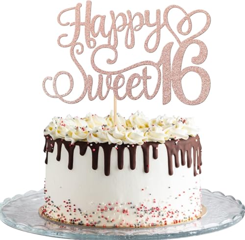 1 Stück Happy Sweet 16 Tortendeko Glitzer Teenager 16th Kuchen Deko Prost auf 16 Geburtstag Cake Topper für 16th Geburtstag Jahrestag Party Kuchen Dekoendeko Rosegold von SYKYCTCY