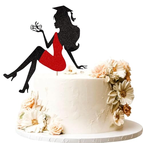 1 Stück High Heel Mädchen Abschluss Cake Topper 2025 Graduierung Tortendeko Glitzer Cap Diploma Kuchen Deko für 2025 Mädchen Abschluss Party Kuchen Dekoration Rot von SYKYCTCY