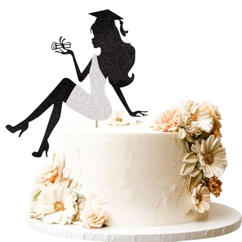 1 Stück High Heel Mädchen Abschluss Kuchen Deko Glitter Cap Diploma Cake Topper 2025 Abschluss Tortendeko für 2025 Mädchen Graduierung Party Kuchen Dekoration Silber von SYKYCTCY