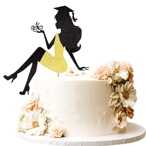 1 Stück High Heel Mädchen Abschluss Tortendeko Glitzer Cap Diploma Cake Topper 2025 Graduierung Kuchen Deko für 2025 Mädchen Abschluss Party Kuchen Dekoration Gold von SYKYCTCY