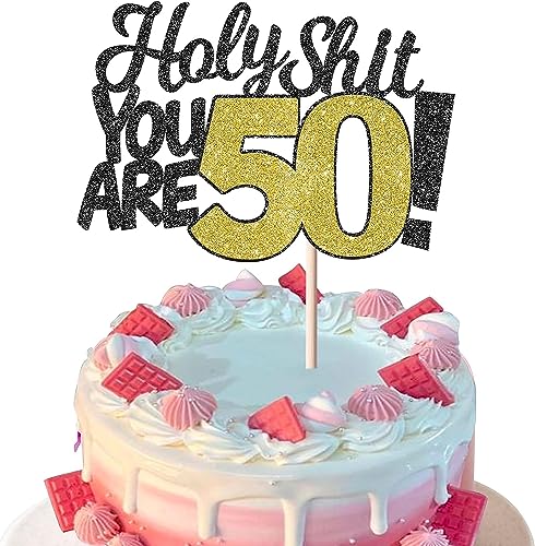 1 Stück Holy Shit You are 50 Tortendeko Glitzer 50th Geburtstag Kuchen Deko für Sweet 50 Fünfzig Prost auf 50 Jahre alt Geburtstagsfeier Lustige 50 Kuchen Dekorationen von SYKYCTCY