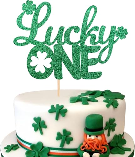 1 Stück Lucky One Tortendeko Happy St Patrick's Day Cake Topper Glitzer Blatt Lucky Four Kuchen Deko für St.Patrick's Day Thema Baby Dusche Kinder Erste Geburtstag Party Kuchen Dekoration Grün von SYKYCTCY