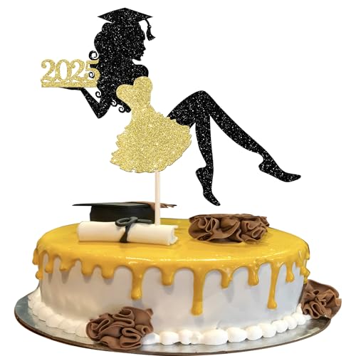 1 Stück Mädchen Abschluss Tortendeko Glitzer Grad Cap Diploma Kuchen Deko 2025 Senior Graduation Cake Pick für 2025 Mädchen Schule Abschluss Theme Party Kuchen Dekoration Cake Pick Gold von SYKYCTCY