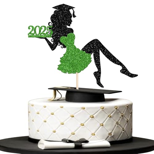1 Stück Mädchen Abschluss Tortendeko Glitzer Grad Cap Diploma Kuchen Deko 2025 Senior Graduation Cake Pick für 2025 Mädchen Schule Abschluss Theme Party Kuchen Dekoration Cake Pick Grün von SYKYCTCY